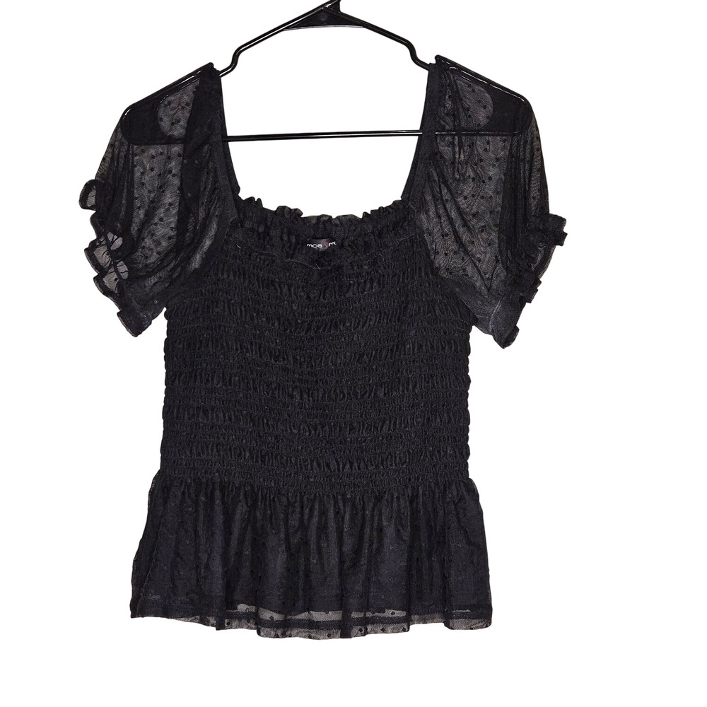 Y2K Whimsigoth‎ Black Mesh Ruffle Sleeve Smocked Peplum Top Large Fairy Grunge